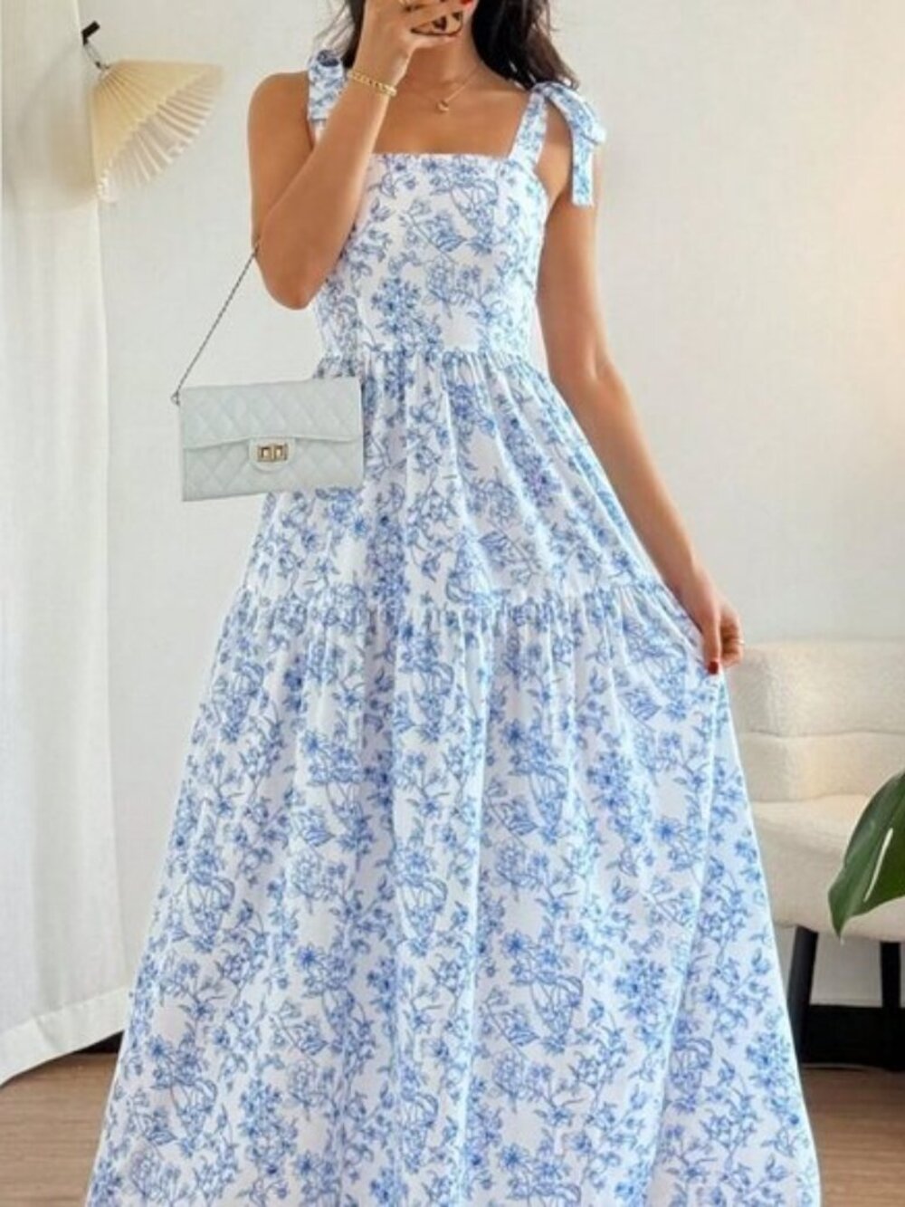 Blue And White Boho Floral Women's Elegant Long Dress